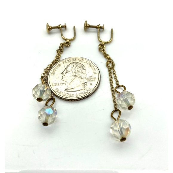 Vintage Long Dangle Crystal Earrings, Double AB Faceted Bead Drop on Gold Tone - Picture 5 of 5